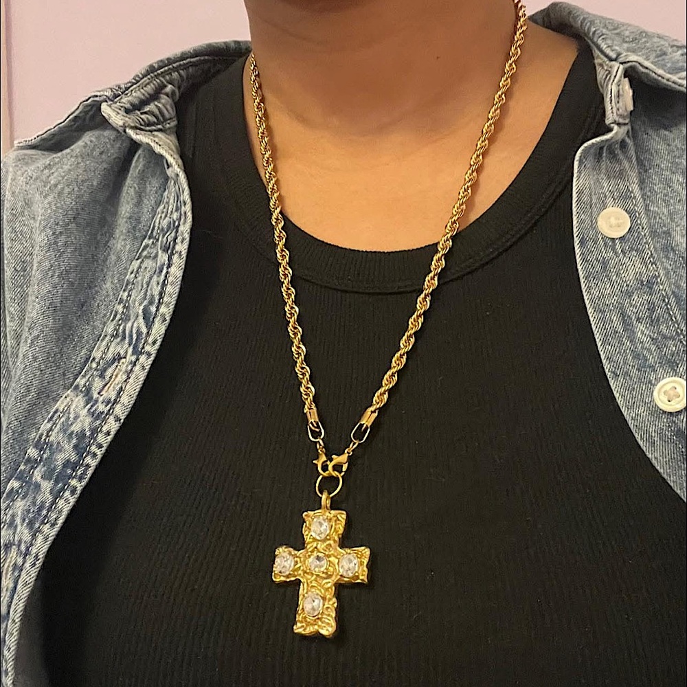 18k Gold CZ Cross Pendant Long Rope Chain - Picture 2 of 2